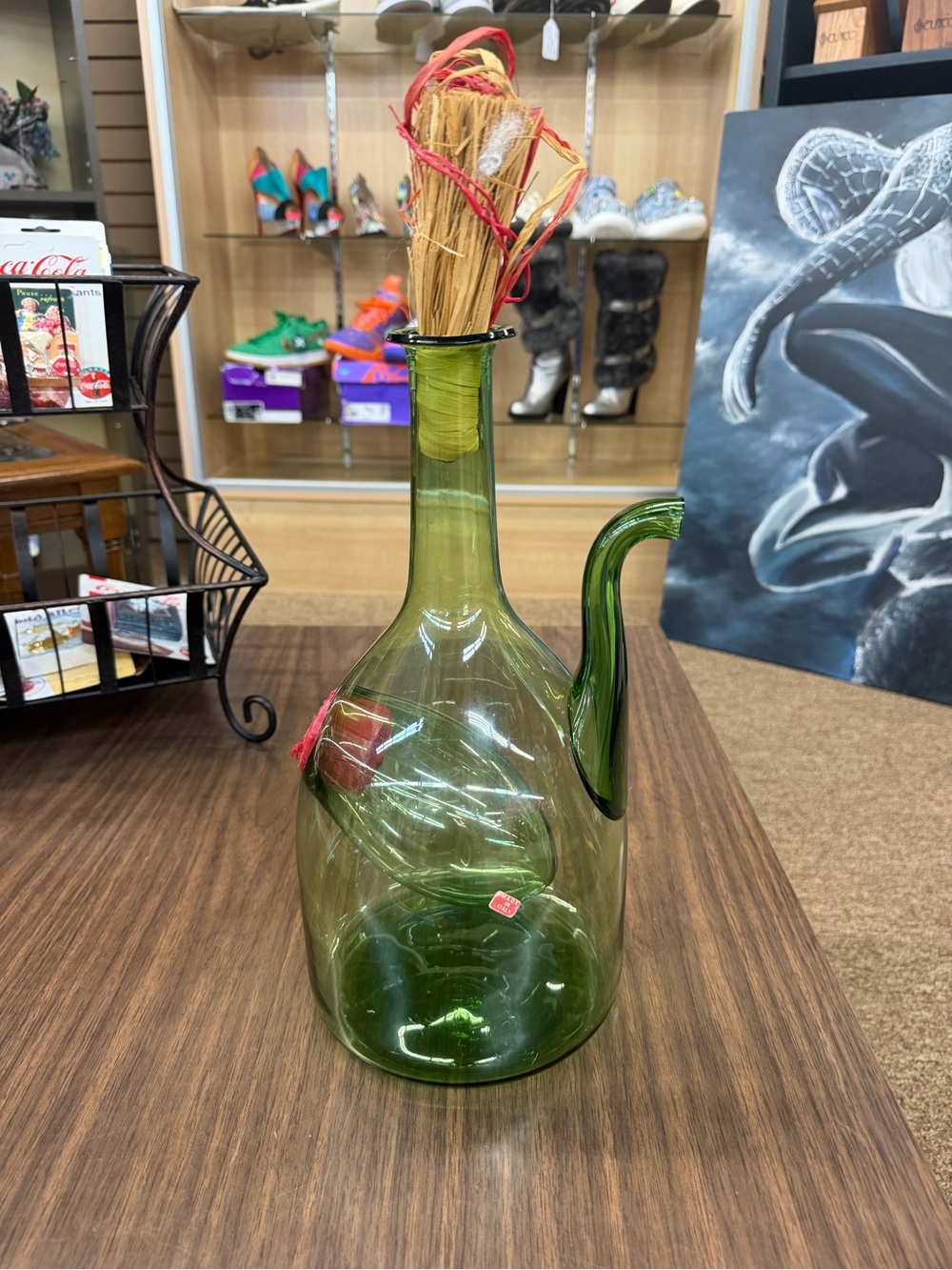Vintage Italian Demijohn Green Glass Wine Decanter with Plugs and Ice Chamber